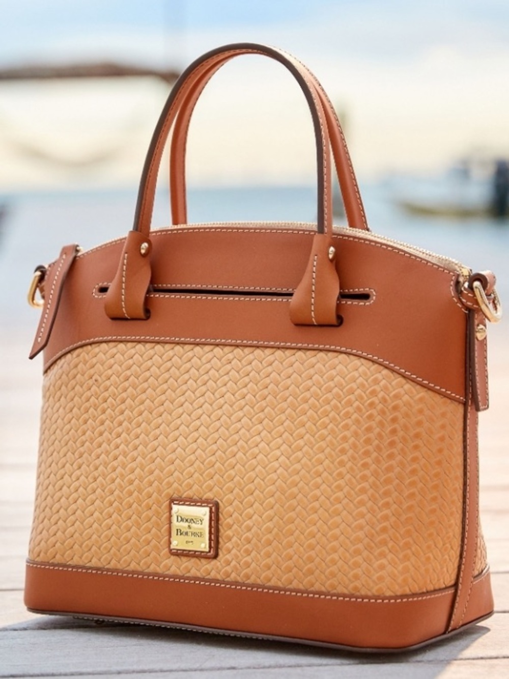 Dooney & Bourke Tan Woven Leather Satchel with Chestnut Trim